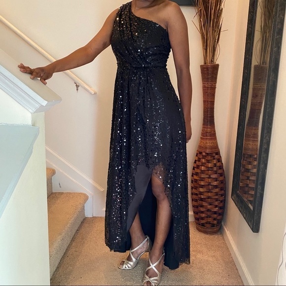 Max and Cleo black sequin asymmetrical evening dress Glam Party Bling Romantic - Picture 5 of 6